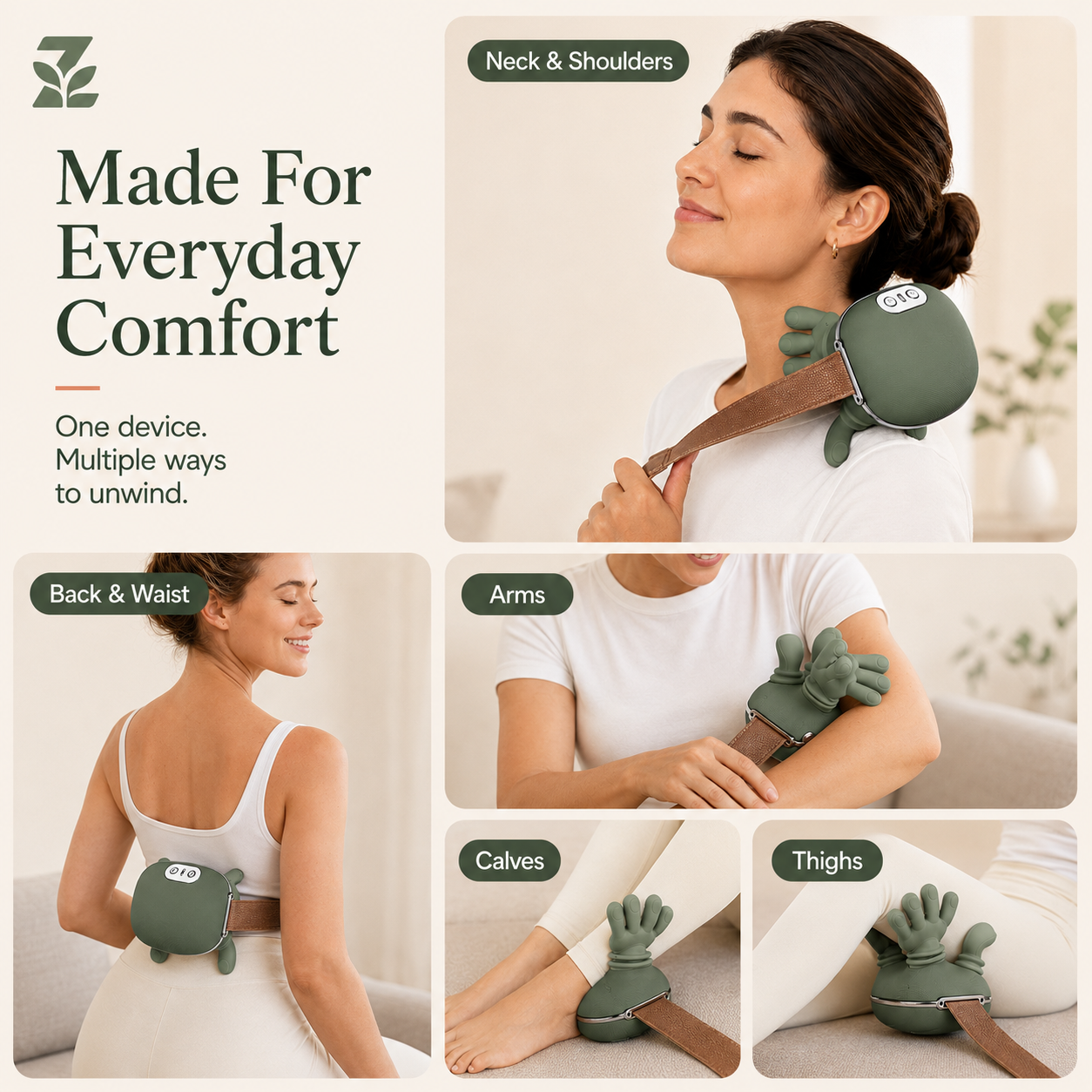 Zedanova massager shown for neck shoulders back waist arms calves and thighs