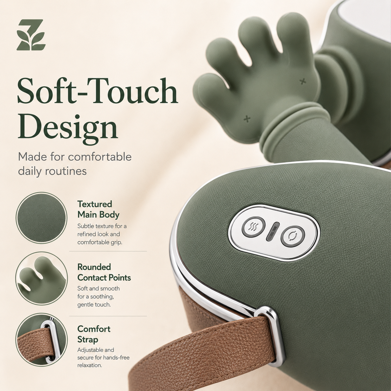 Close-up of Zedanova soft touch design contact points body texture and strap
